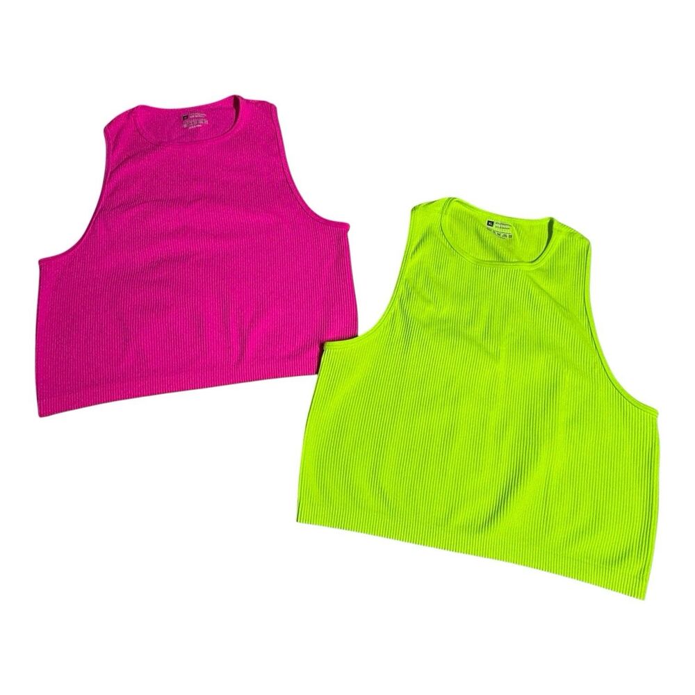 Lot of 2 Neon Pink & Green Ribbed Crop Tank Tops XL Brat Summer Y2K Festival
